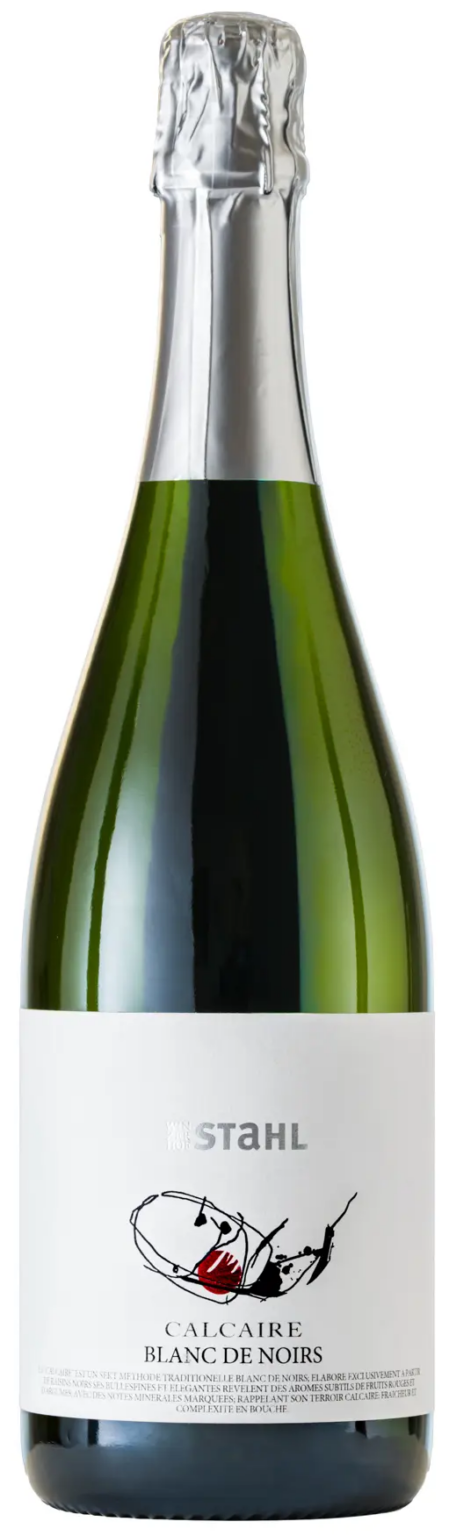 Flaschenabbildung Stahlwein BLANC DE NOIRS – brut nature. Crémant nach klassischer Ch.methode und Cuvee herstellt – Pinot Noir, Pinot Meunier